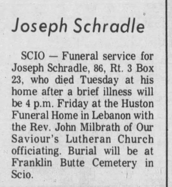 Joseph Schradle obit 1970